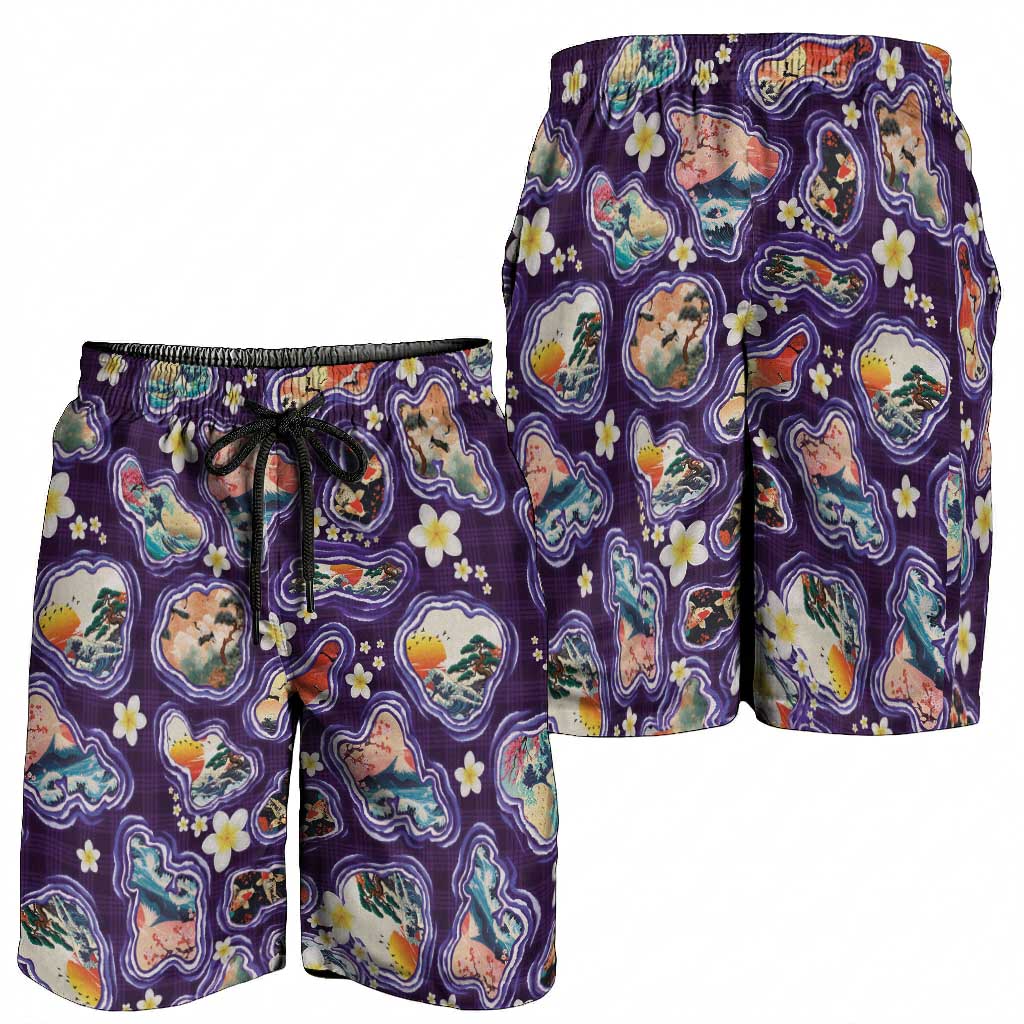 Hawaii Islands Map Design with Japanese Landscape Shorts for Men Hawaiian Japan Fusion Art Purple Color LT03 - Polynesian Pride
