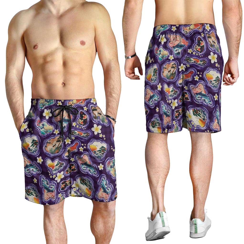 Hawaii Islands Map Design with Japanese Landscape Shorts for Men Hawaiian Japan Fusion Art Purple Color LT03 - Polynesian Pride