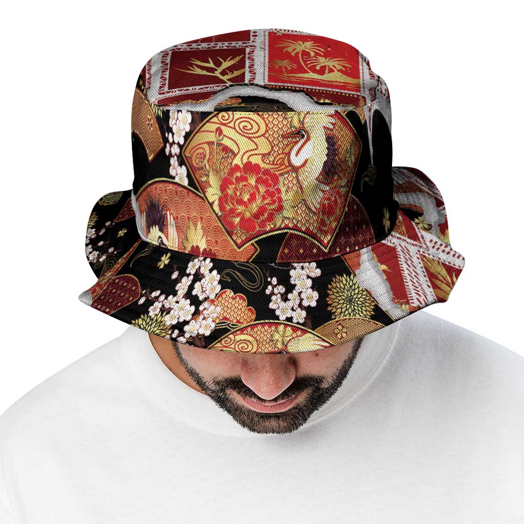 Hawaii Japanese Culture Black Bucket Hat Spring Cranes Aloha Pattern