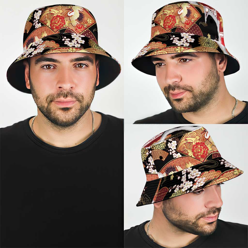 Hawaii Japanese Culture Black Bucket Hat Spring Cranes Aloha Pattern