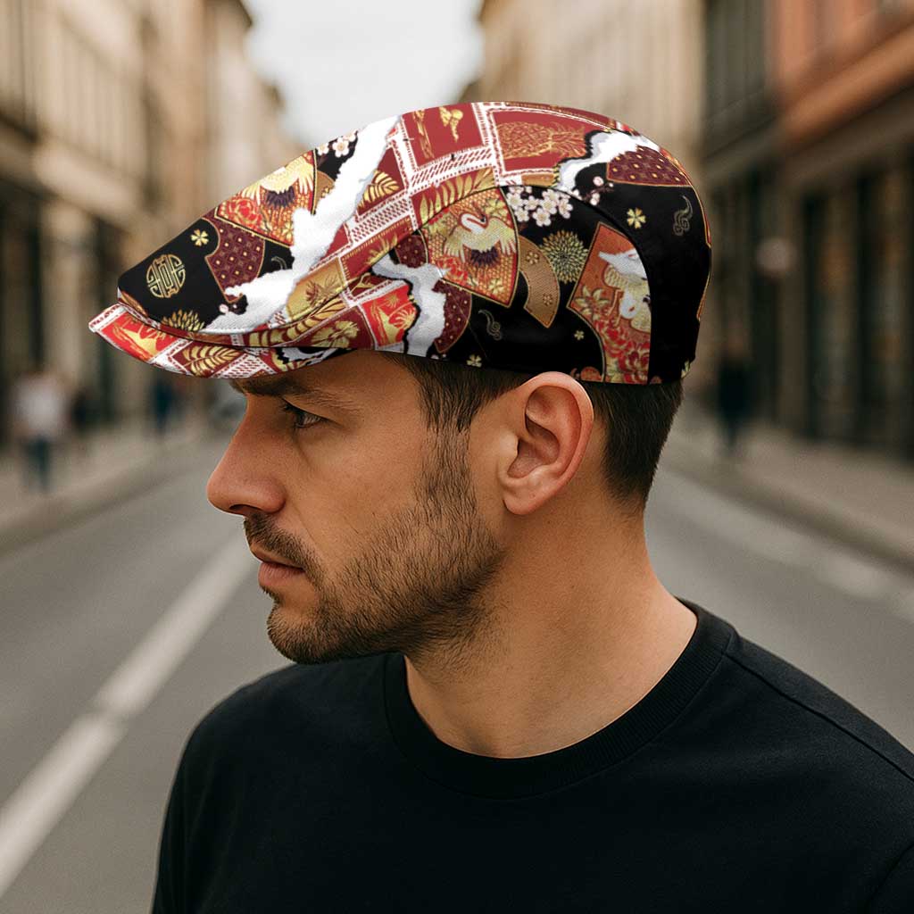 Hawaii Japanese Culture Black Jeff Hat Spring Cranes Aloha Pattern