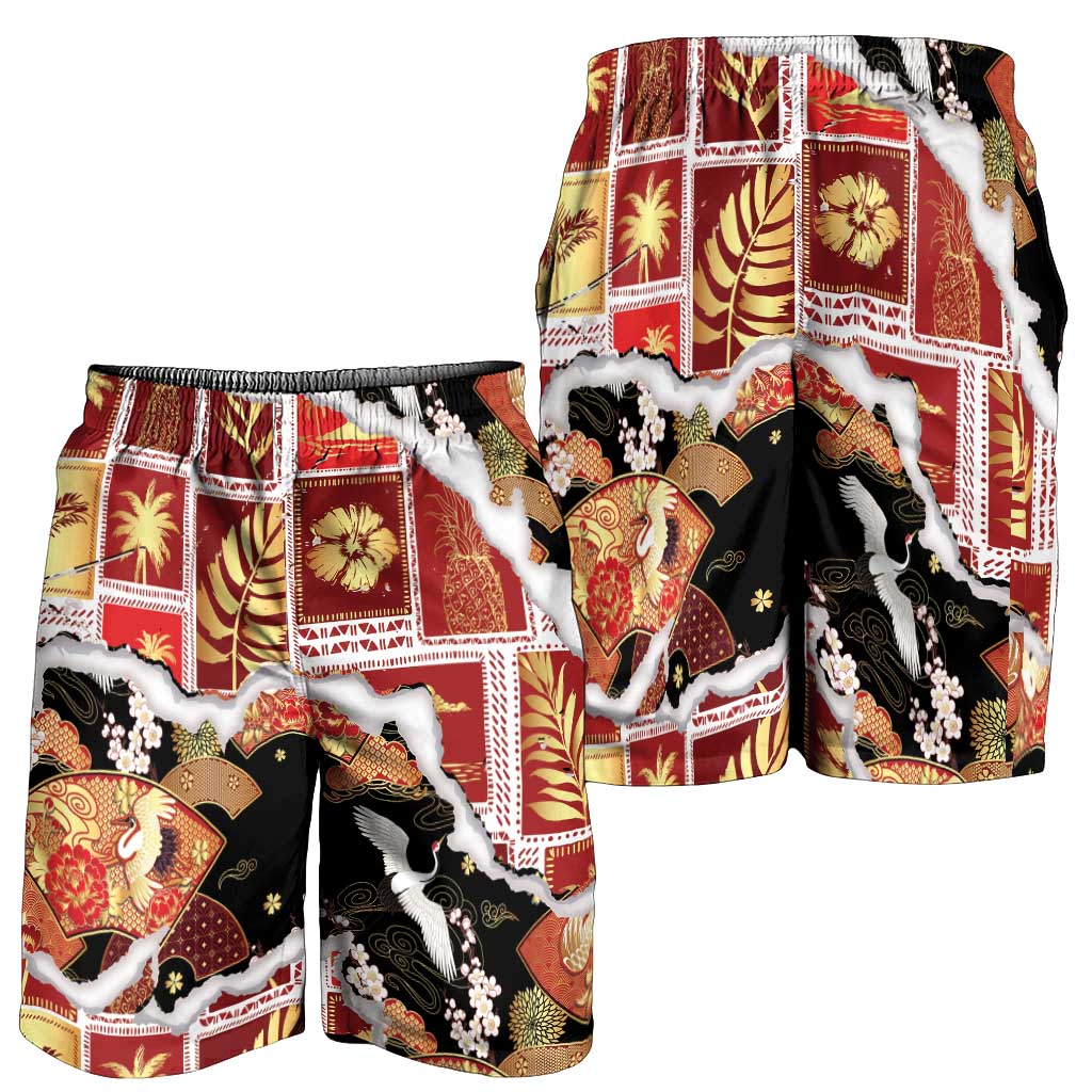 Hawaii Japanese Culture Black Shorts for Men Spring Cranes Aloha Pattern LT01 - Polynesian Pride