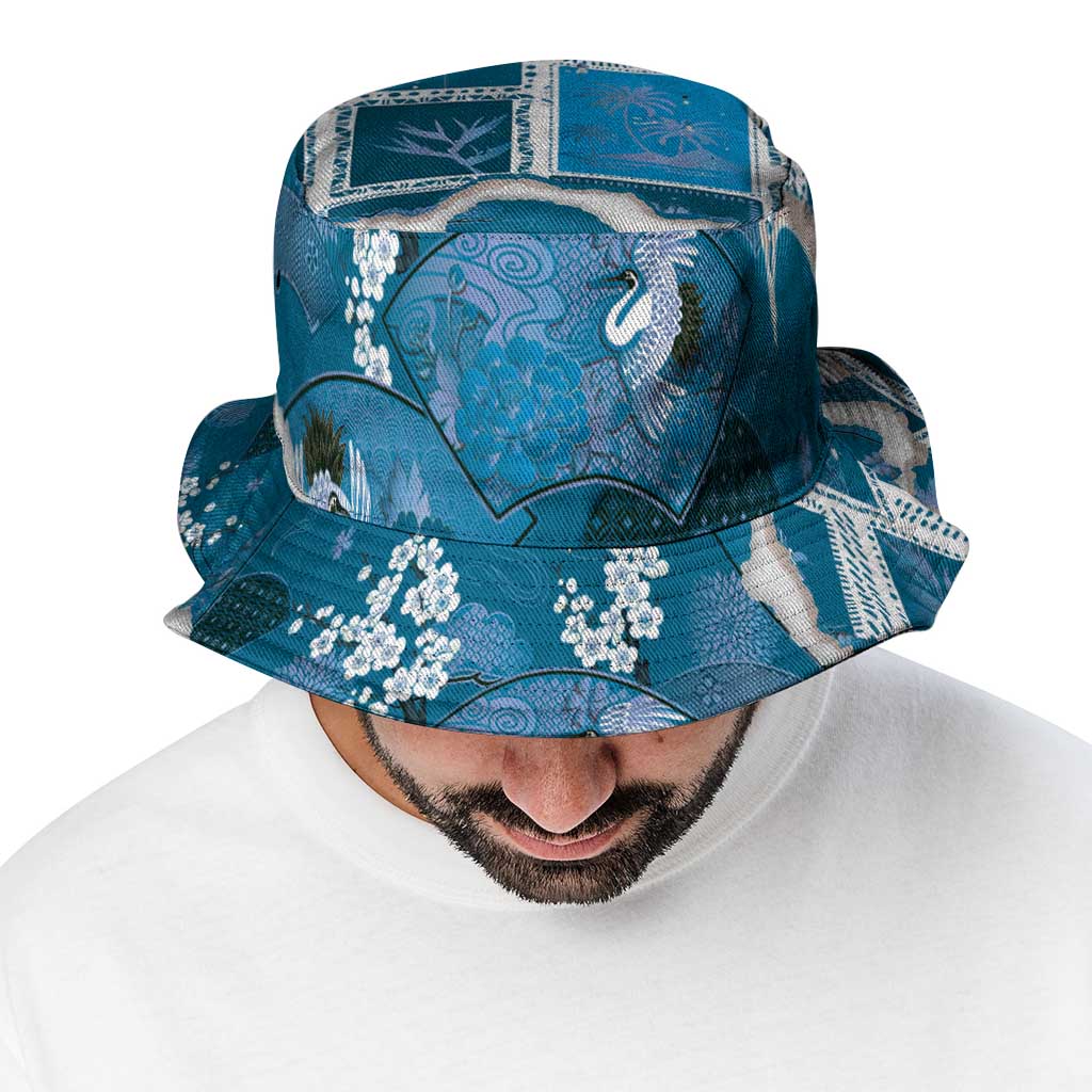 Hawaii Japanese Culture Blue Bucket Hat Spring Cranes Aloha Pattern LT01 - Polynesian Pride