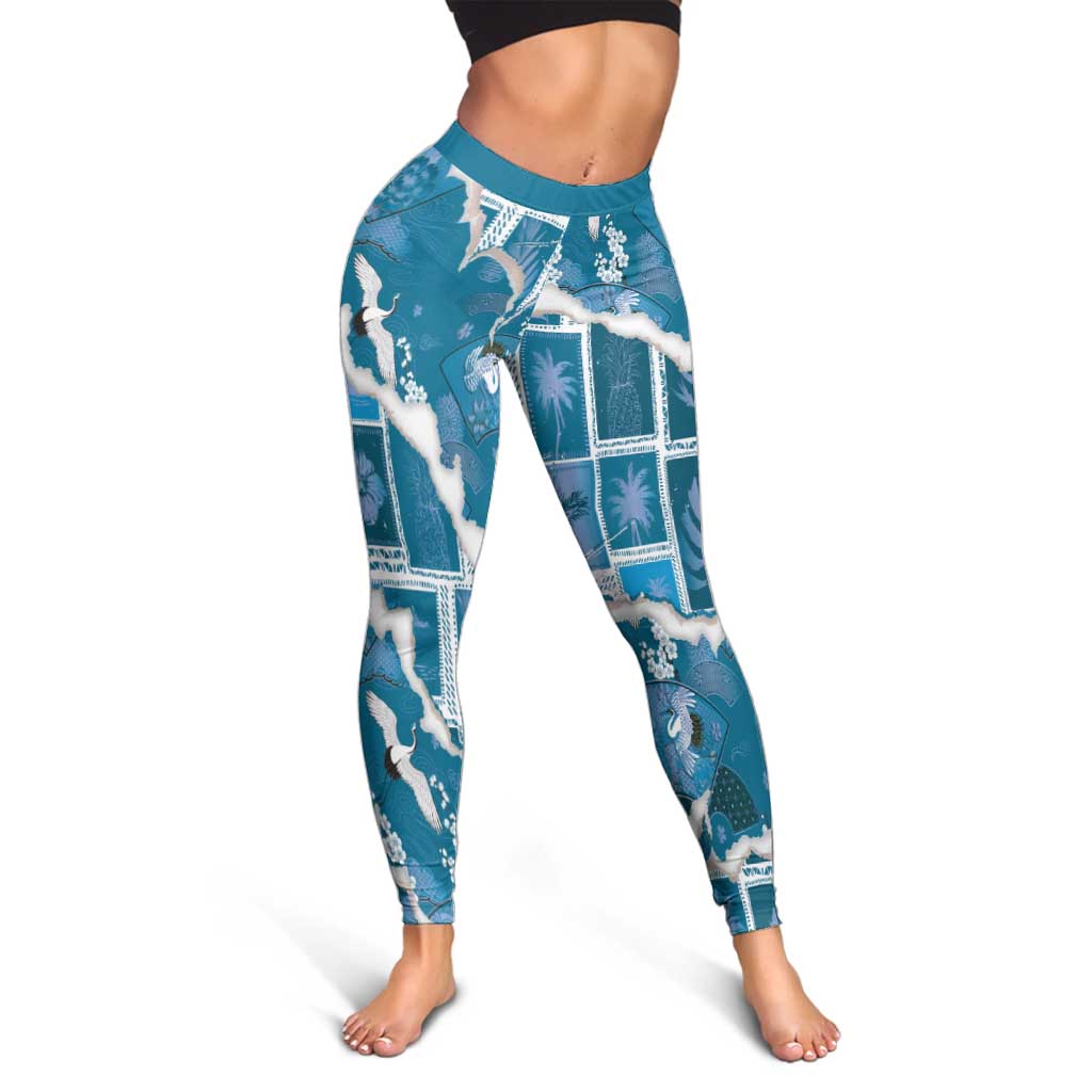 Hawaii Japanese Culture Blue Leggings Spring Cranes Aloha Pattern