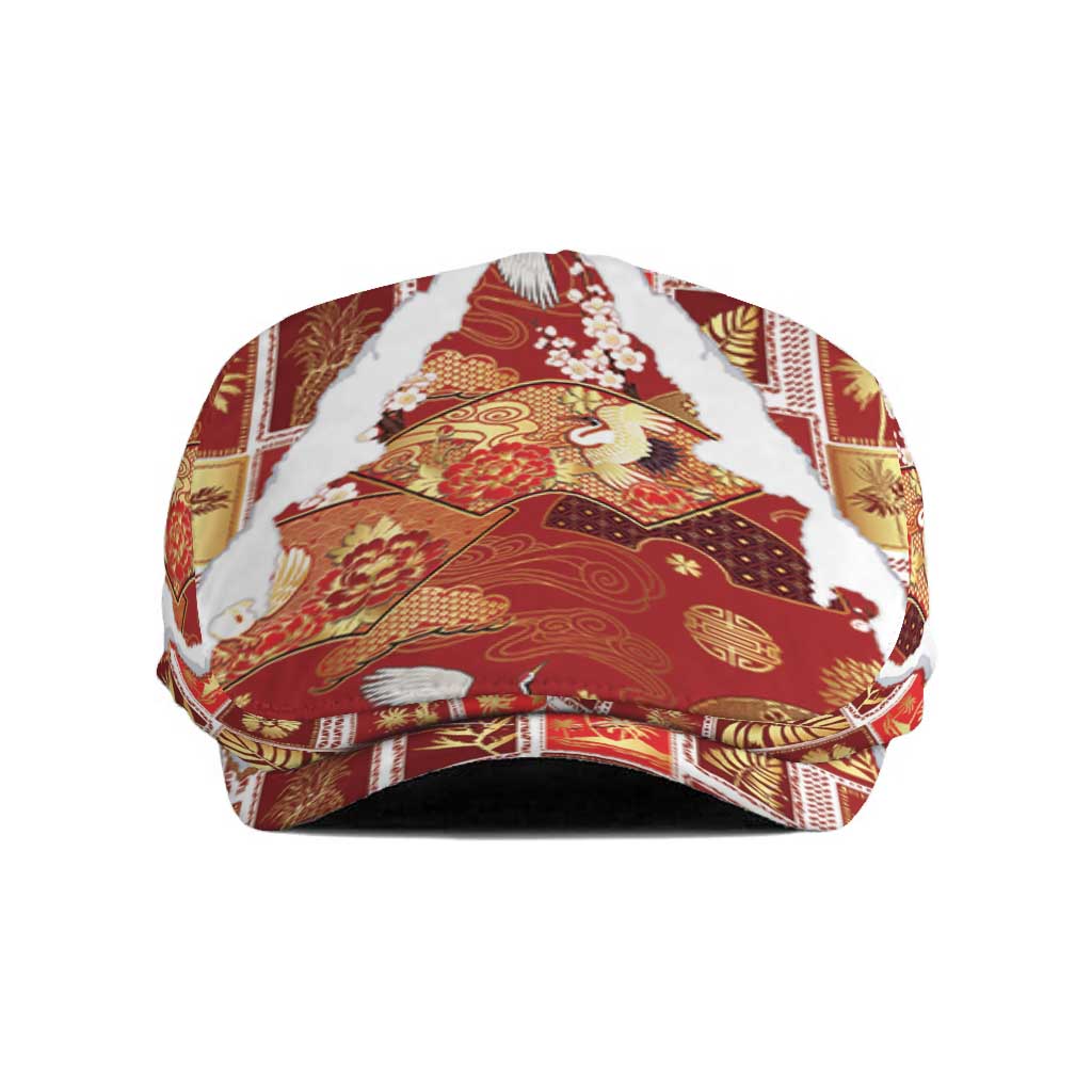 Hawaii Japanese Culture Red Jeff Hat Spring Cranes Aloha Pattern