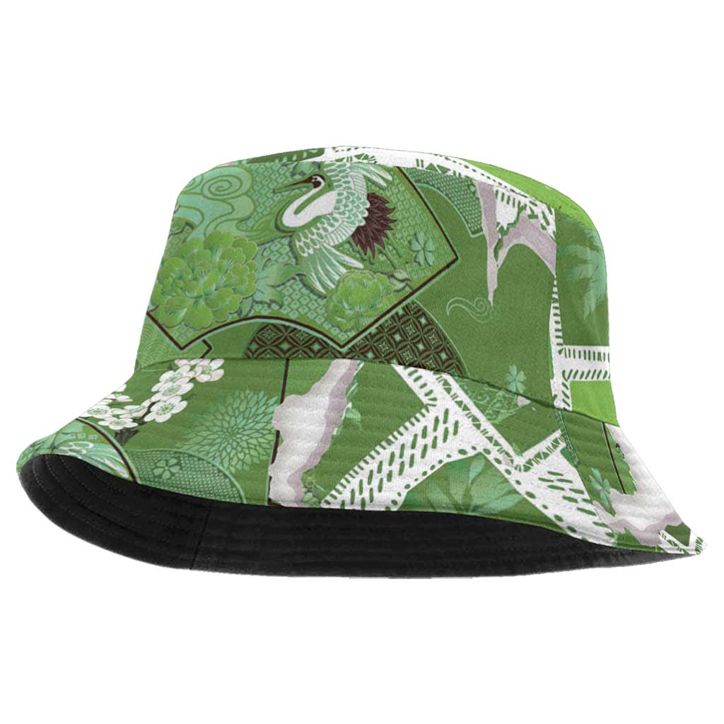 Hawaii Japanese Culture Sage Green Bucket Hat Spring Cranes Aloha Pattern
