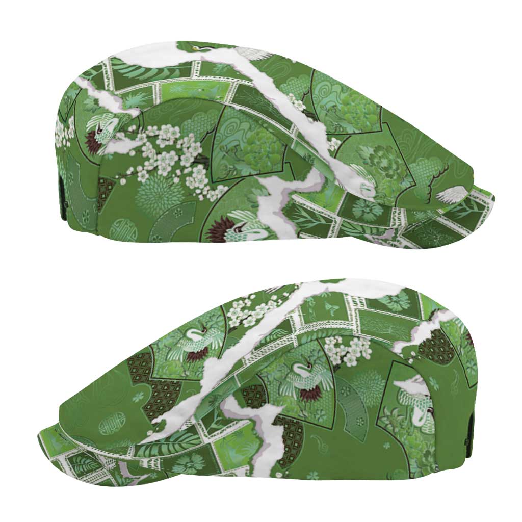 Hawaii Japanese Culture Sage Green Jeff Hat Spring Cranes Aloha Pattern
