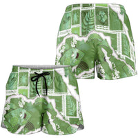 Hawaii Japanese Culture Sage Green Shorts for Women Spring Cranes Aloha Pattern