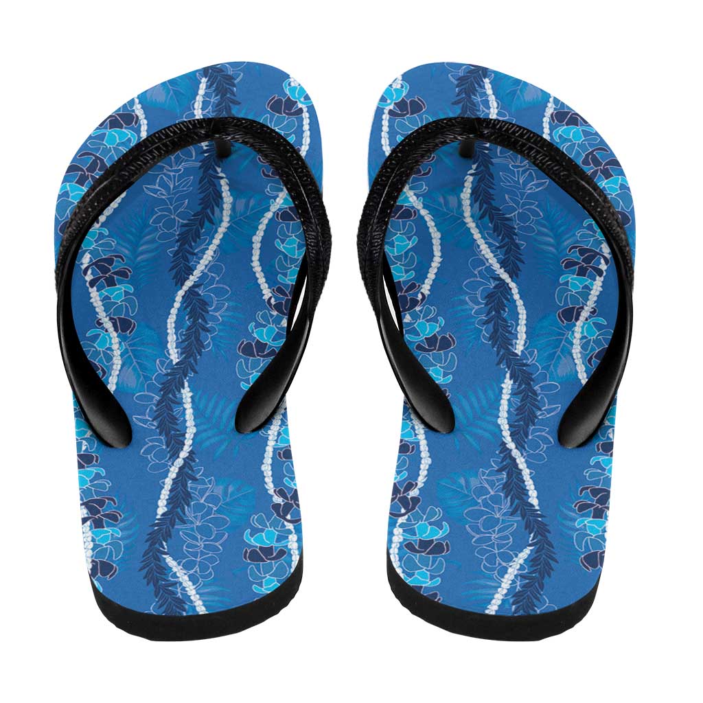 Hawaii Maile Lei Flip Flops With Blue Monstera Pattern - Polynesian Pride