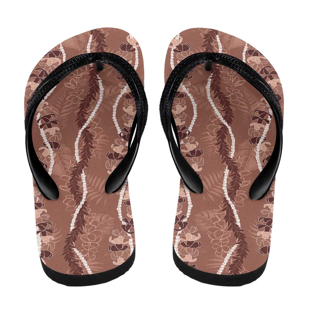 Hawaii Maile Lei Flip Flops With Brown Monstera Pattern - Polynesian Pride