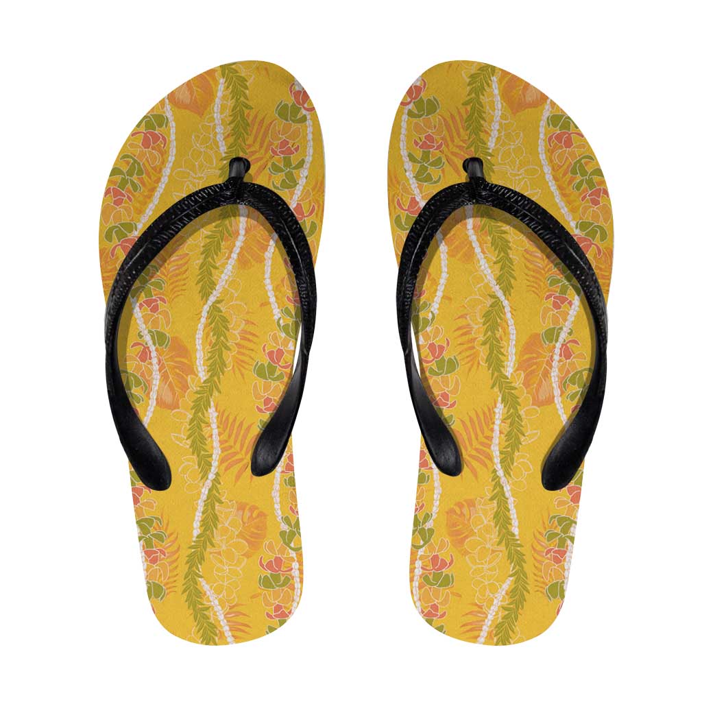 Hawaii Maile Lei Flip Flops With Yellow Monstera Pattern - Polynesian Pride