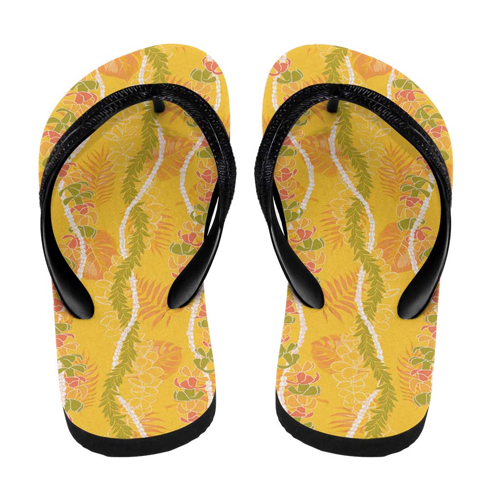 Hawaii Maile Lei Flip Flops With Yellow Monstera Pattern - Polynesian Pride