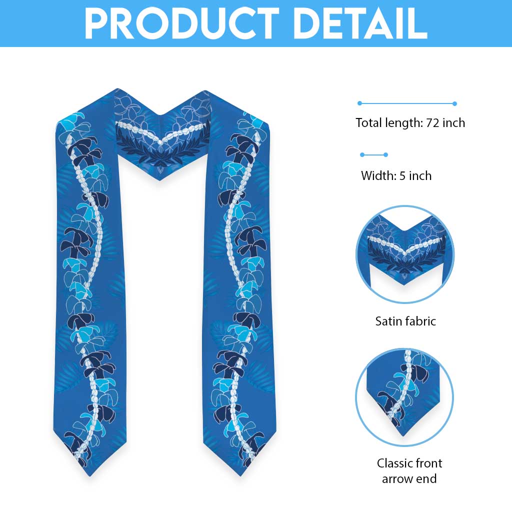 Hawaii Maile Lei Graduation Stole With Blue Monstera Pattern LT05 - Polynesian Pride