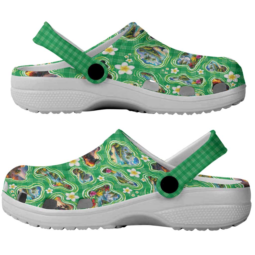 Hawaii Map with Plumeria Flower and Palaka Pattern Clogs Shoes Tropical Island Green Design LT03 - Polynesian Pride