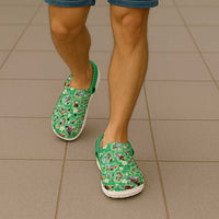 Hawaii Map with Plumeria Flower and Palaka Pattern Clogs Shoes Tropical Island Green Design LT03 - Polynesian Pride