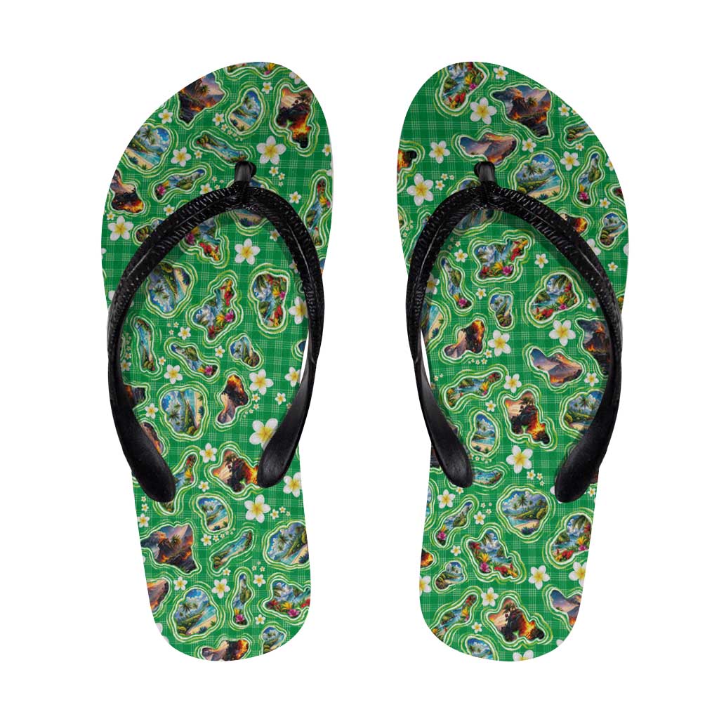 Hawaii Map with Plumeria Flower and Palaka Pattern Flip Flops Tropical Island Green Design LT03 Green - Polynesian Pride