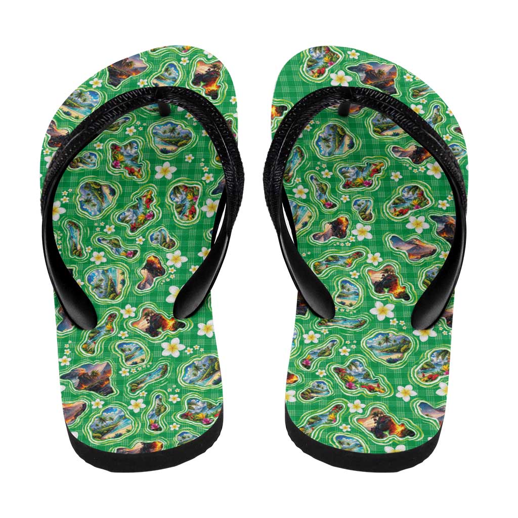 Hawaii Map with Plumeria Flower and Palaka Pattern Flip Flops Tropical Island Green Design LT03 - Polynesian Pride