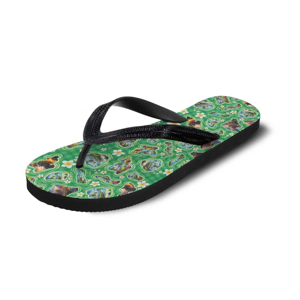 Hawaii Map with Plumeria Flower and Palaka Pattern Flip Flops Tropical Island Green Design LT03 - Polynesian Pride