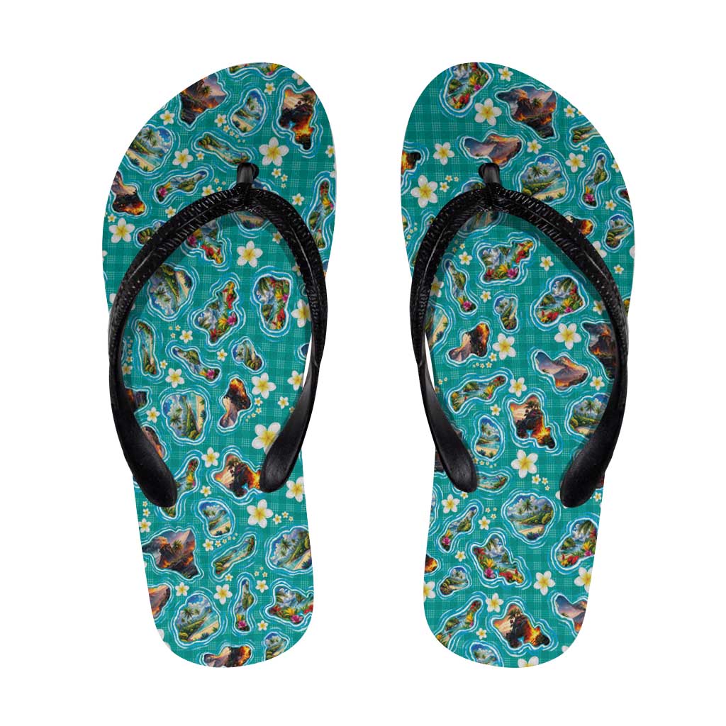 Hawaii Map with Plumeria Flower and Palaka Pattern Flip Flops Tropical Island Teal Design LT03 Teal - Polynesian Pride