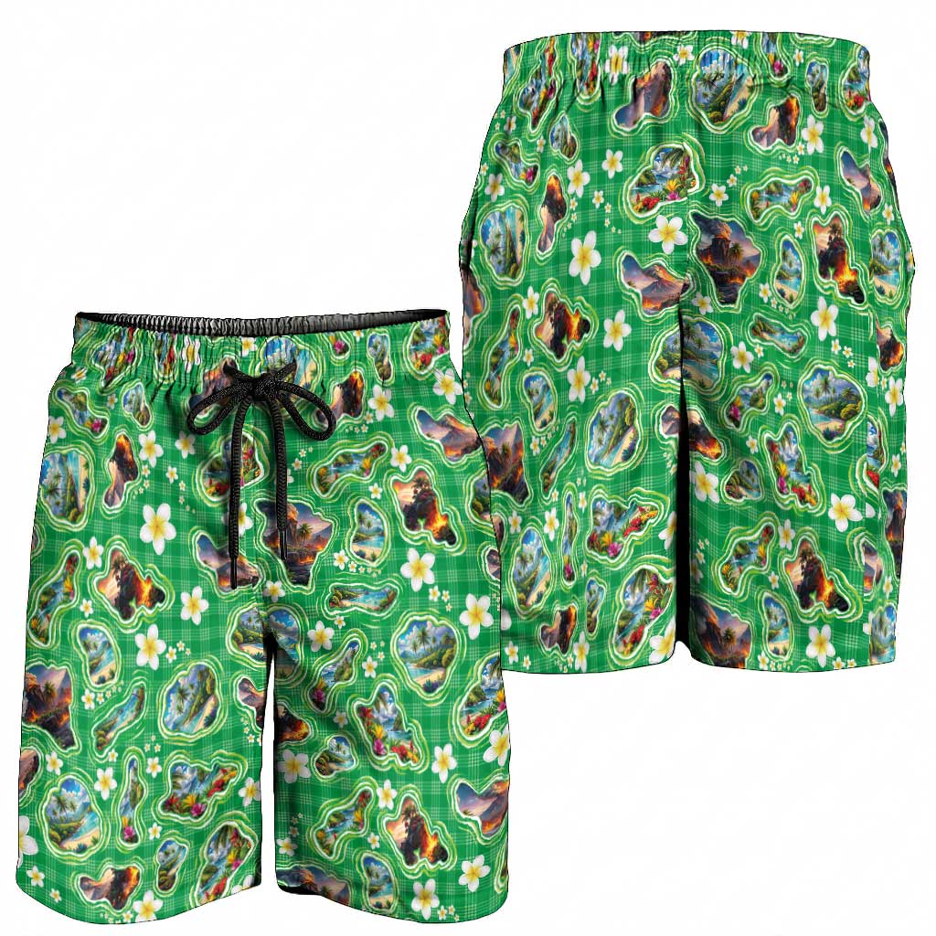 Hawaii Map with Plumeria Flower and Palaka Pattern Shorts for Men Tropical Island Green Design LT03 - Polynesian Pride