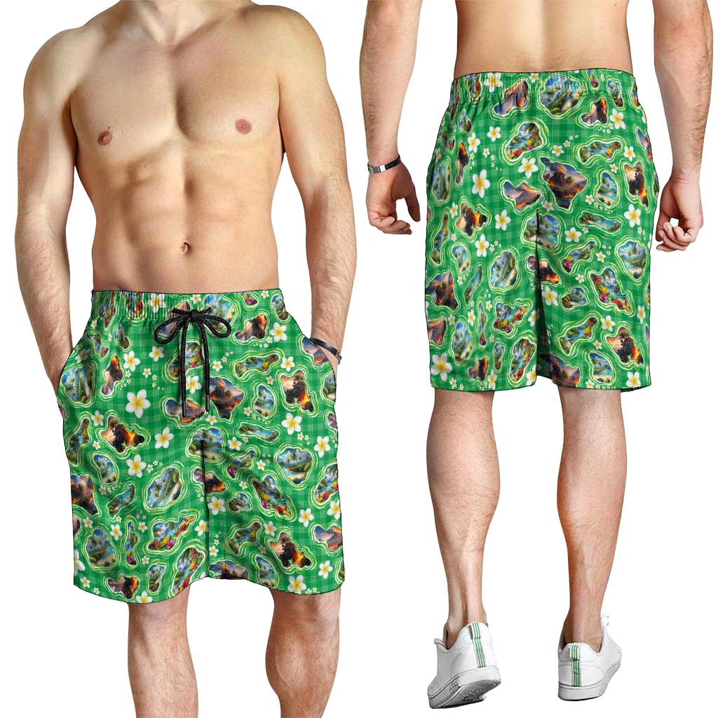 Hawaii Map with Plumeria Flower and Palaka Pattern Shorts for Men Tropical Island Green Design LT03 - Polynesian Pride