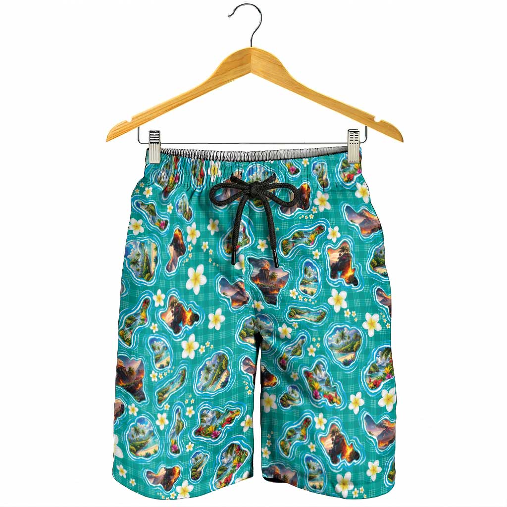 Hawaii Map with Plumeria Flower and Palaka Pattern Shorts for Men Tropical Island Teal Design LT03 - Polynesian Pride