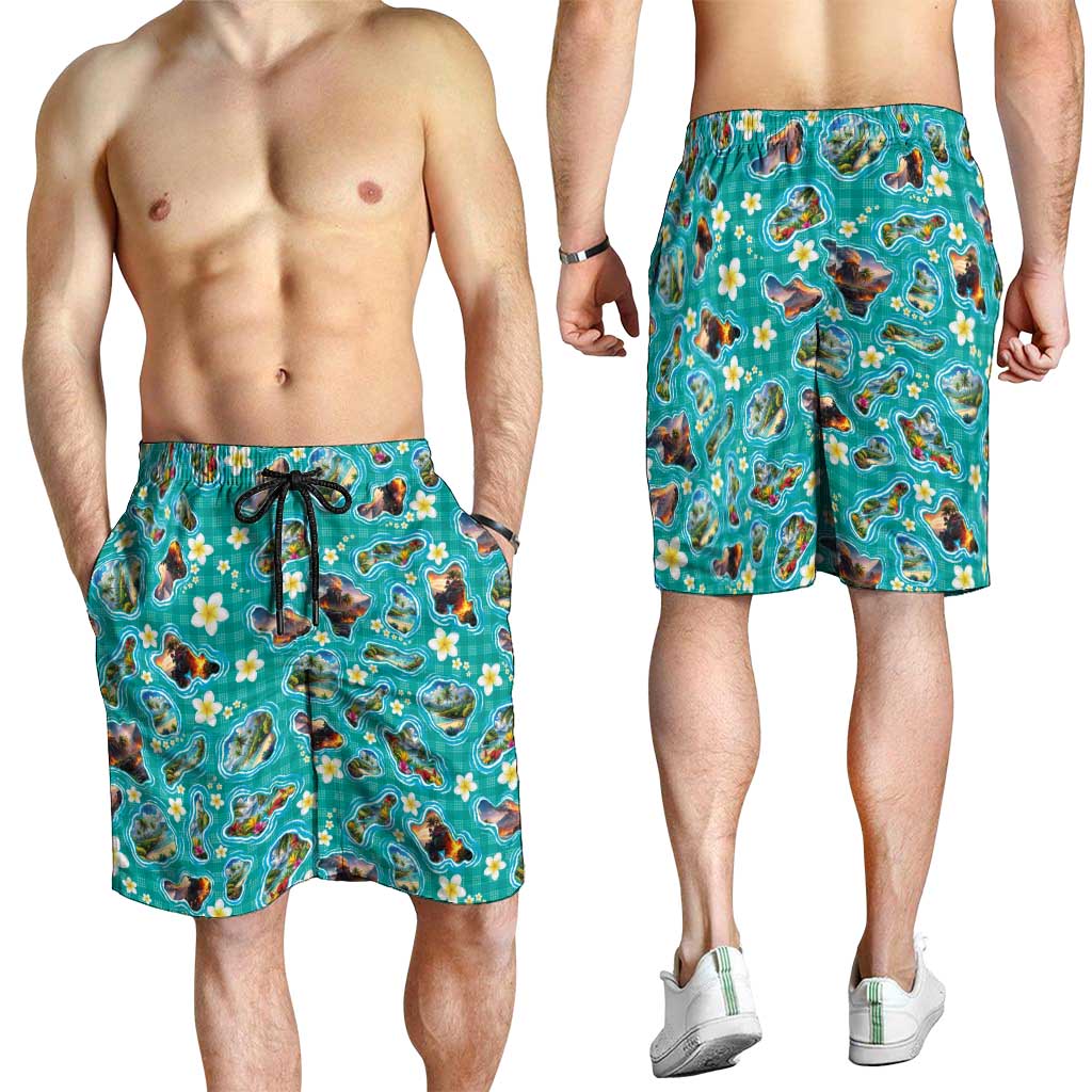 Hawaii Map with Plumeria Flower and Palaka Pattern Shorts for Men Tropical Island Teal Design LT03 - Polynesian Pride