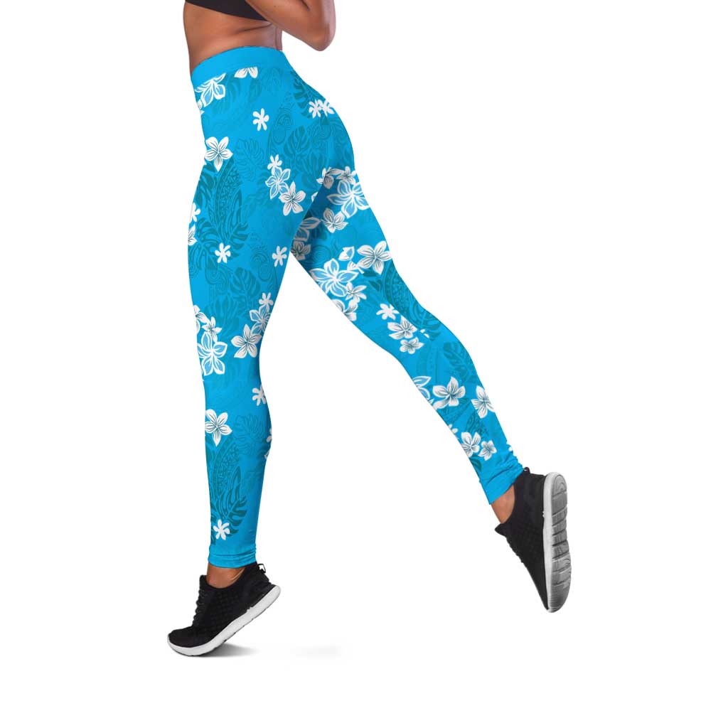 Hawaii Monstera Deliciosa Leggings Blue Plumeria Polynesian Pattern - Polynesian Pride
