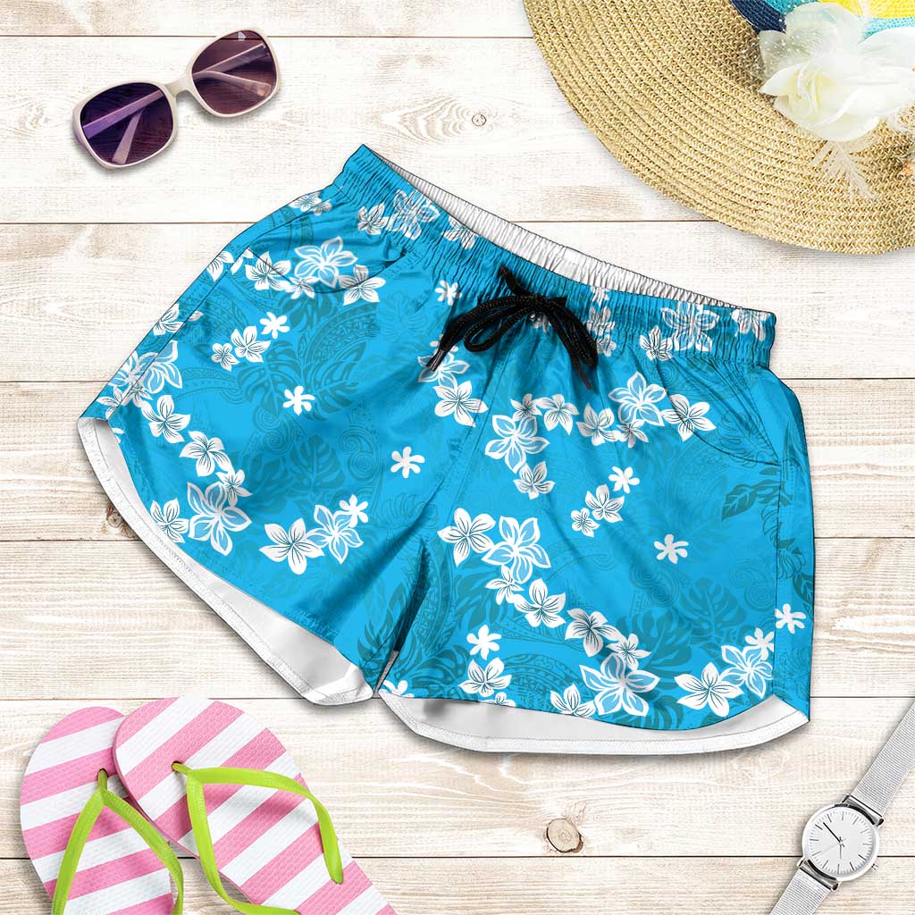 Hawaii Monstera Deliciosa Shorts for Women Blue Plumeria Polynesian Pattern - Polynesian Pride