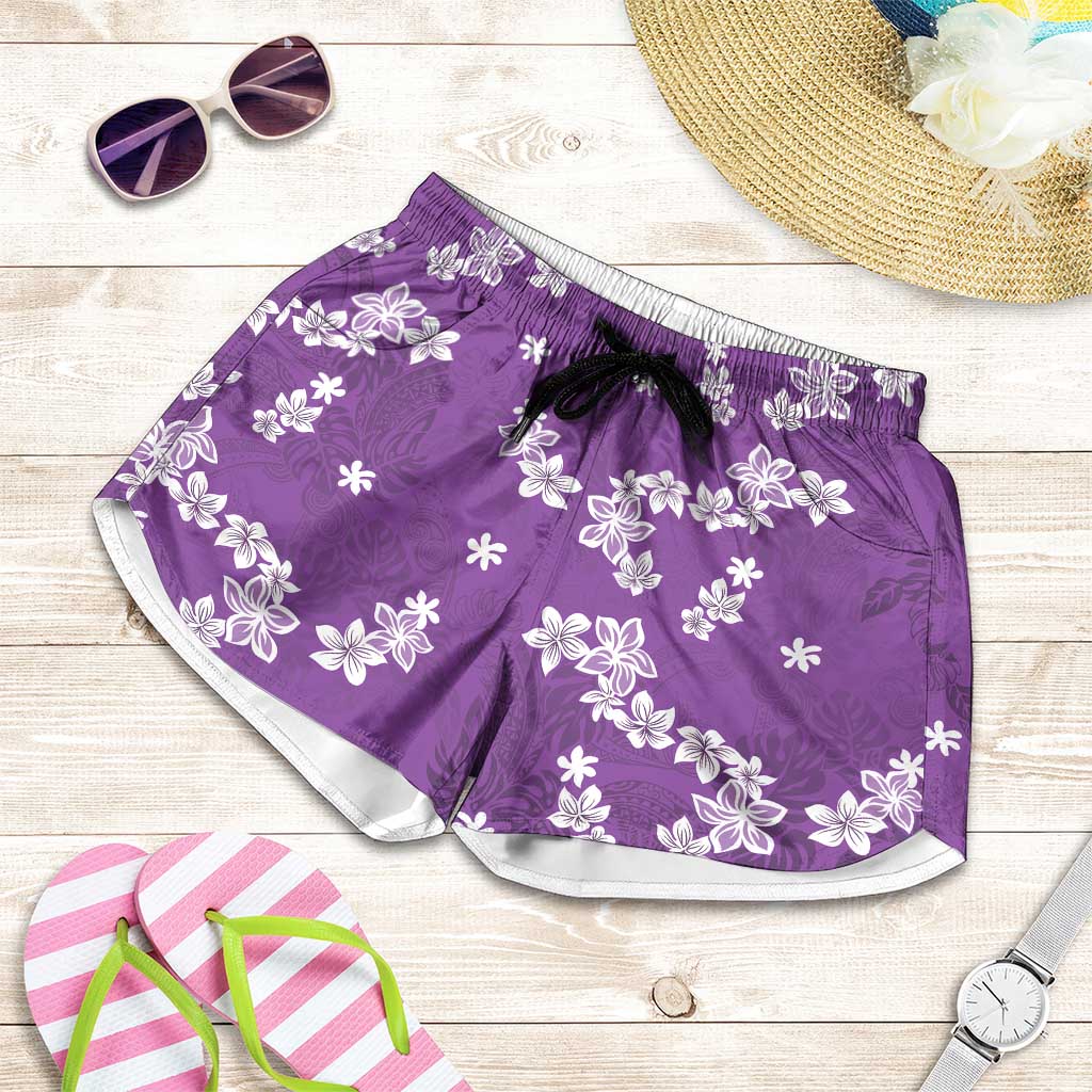 Hawaii Monstera Deliciosa Shorts for Women Purple Plumeria Polynesian Pattern - Polynesian Pride
