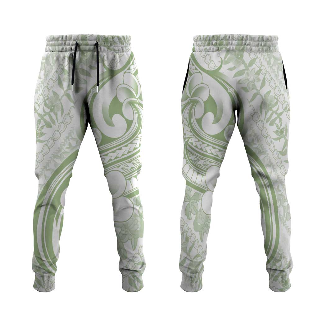 Hawaii Plumeria Lokelani Pikake Lei Jogger Pants Oma'oma'o Polynesian Tattoo LT9 Green - Polynesian Pride