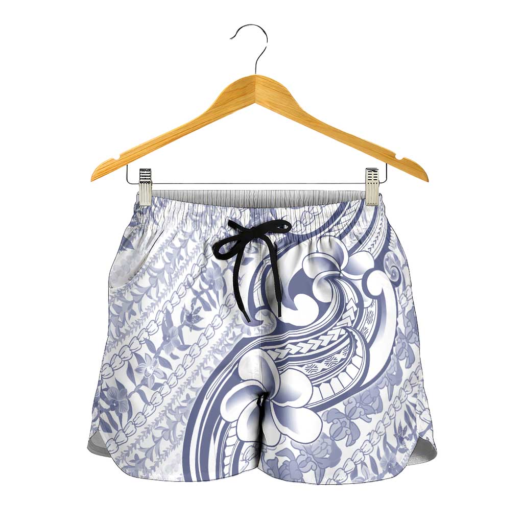 Hawaii Plumeria Lokelani Pikake Lei Shorts for Women Navy Blue Polynesian Tattoo LT9 - Polynesian Pride