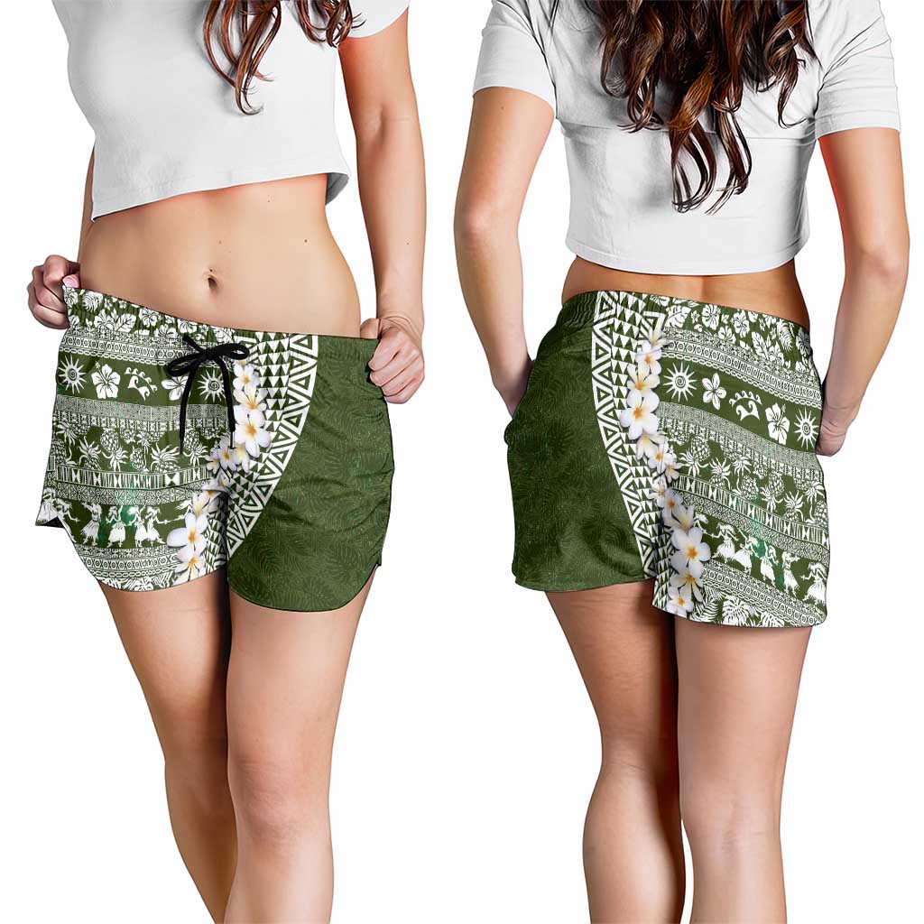 Hawaii Plumeria Tribal Vintage Shorts for Women Special Green LT03 - Polynesian Pride