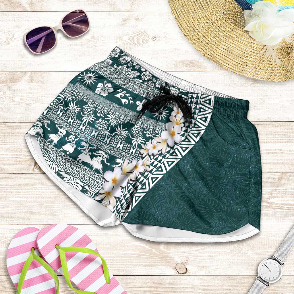 Hawaii Plumeria Tribal Vintage Shorts for Women Special Turquoise
