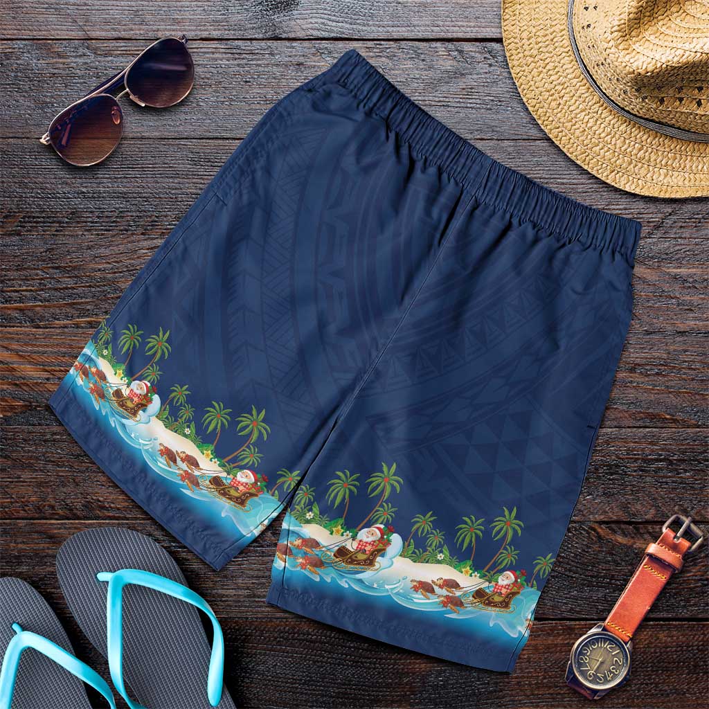 Hawaii Santa Riding Sea Turtle Shorts for Men Mele Kalikimaka Polynesian Pattern - Polynesian Pride