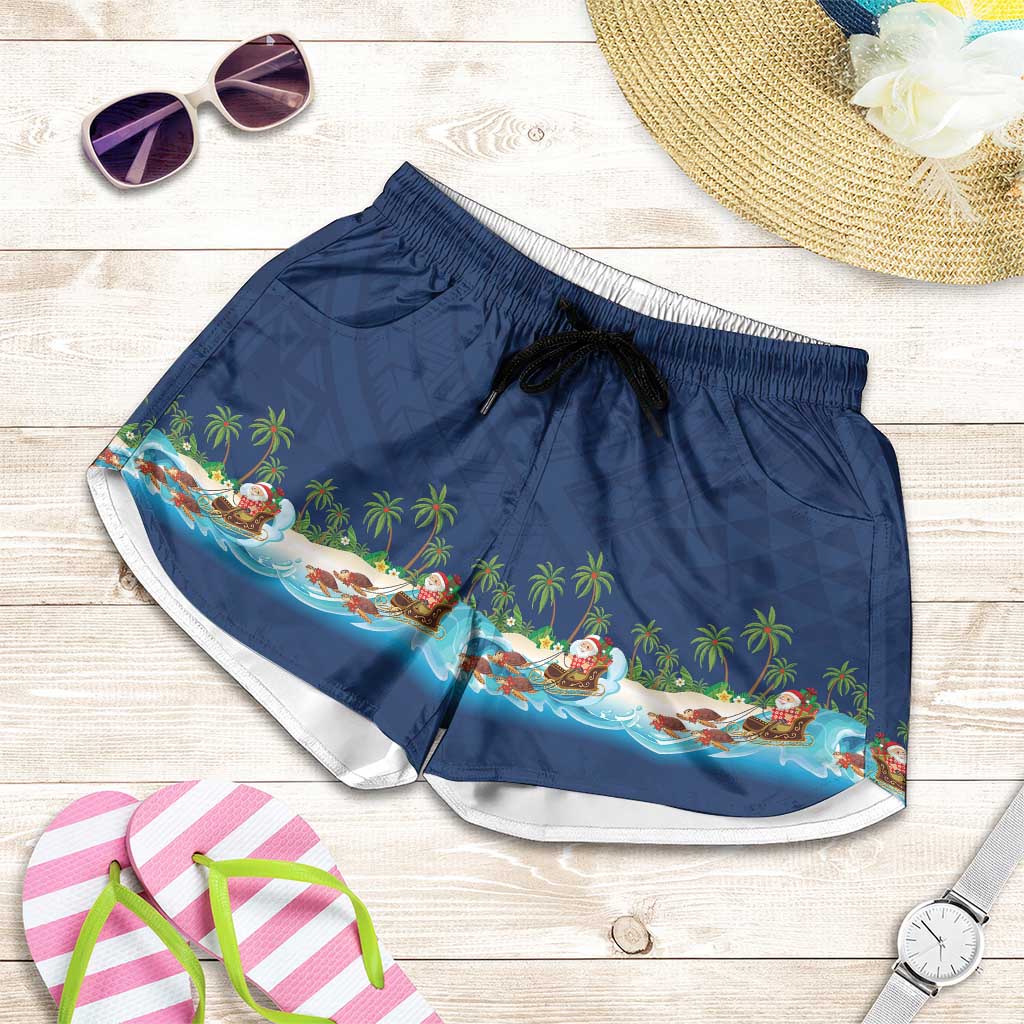 Hawaii Santa Riding Sea Turtle Shorts for Women Mele Kalikimaka Polynesian Pattern - Polynesian Pride