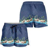 Hawaii Santa Riding Sea Turtle Shorts for Women Mele Kalikimaka Polynesian Pattern - Polynesian Pride