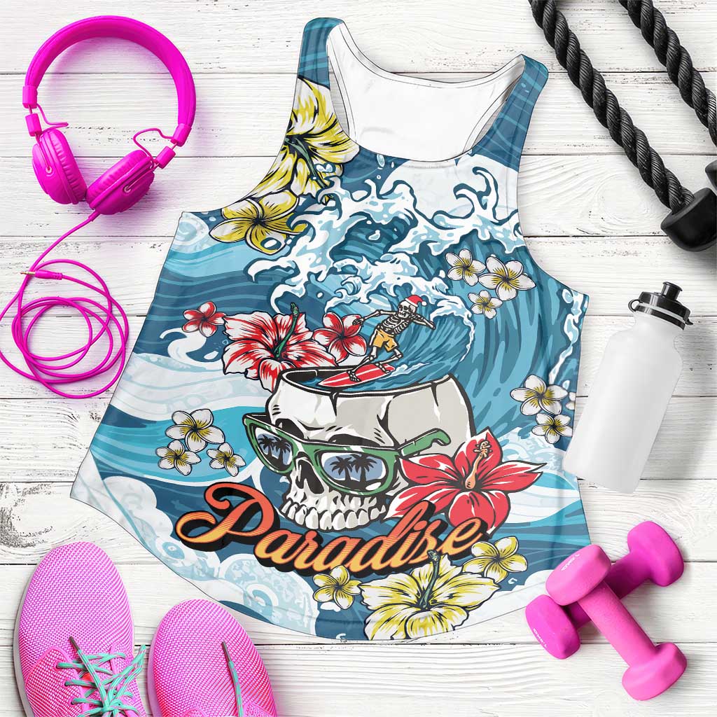 Hawaii Santa Skeleton Surfing Personalized Women Racerback Tank Mele Kalikimaka i Iulai! LT9 Blue - Polynesian Pride