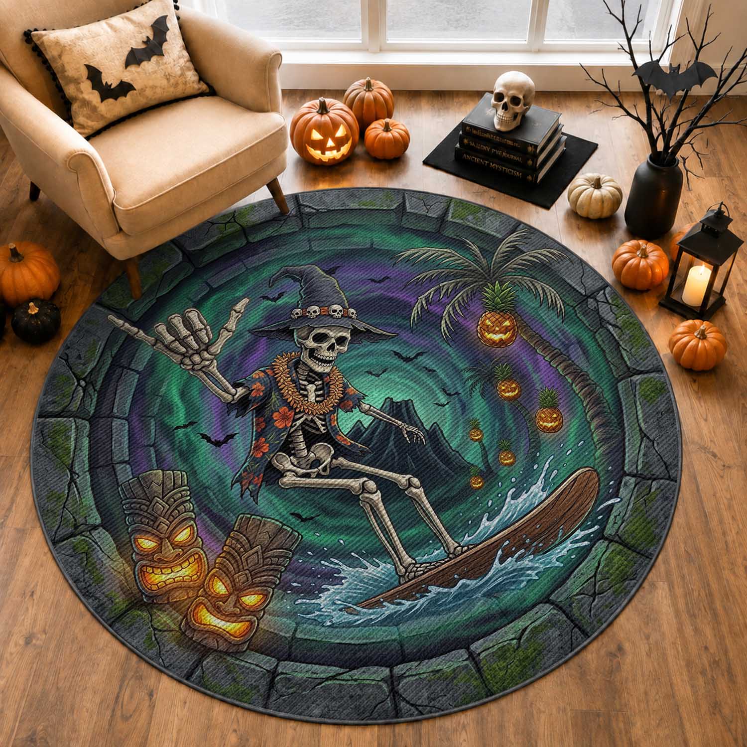 Hawaii Shaka Surfing Skull 3D Illusion Halloween Round Carpet