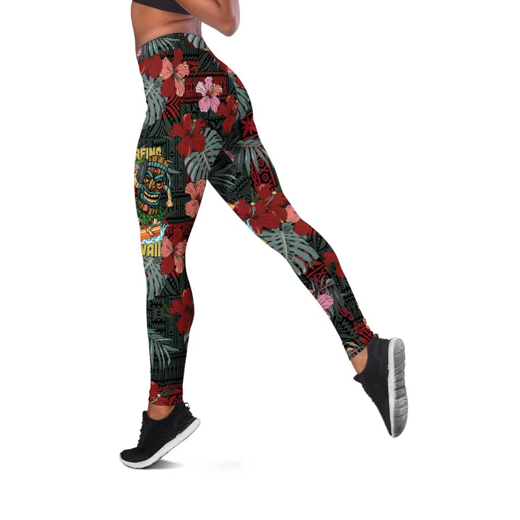 Hawaii Tiki Surfing Leggings Mele Kalikimaka i Iulai! LT9 Black - Polynesian Pride