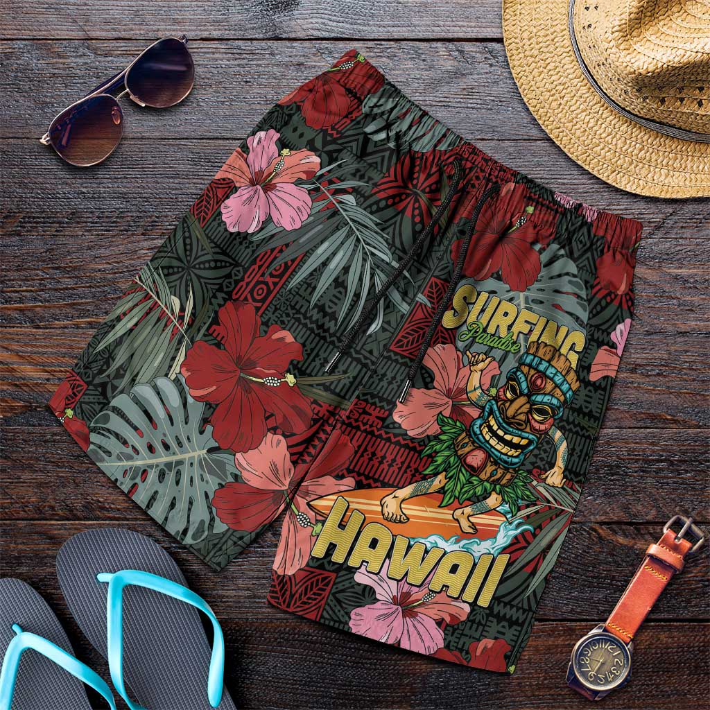 Hawaii Tiki Surfing Shorts for Men Mele Kalikimaka i Iulai! LT9 Black - Polynesian Pride