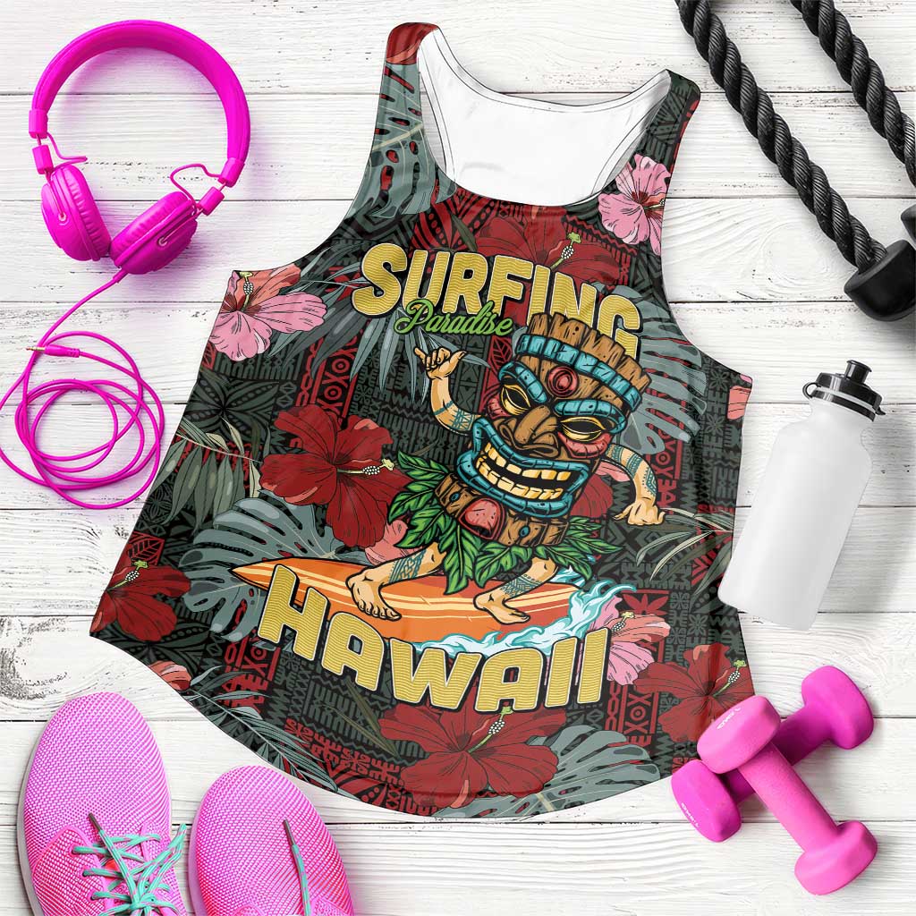 Hawaii Tiki Surfing Women Racerback Tank Mele Kalikimaka i Iulai! LT9 Black - Polynesian Pride