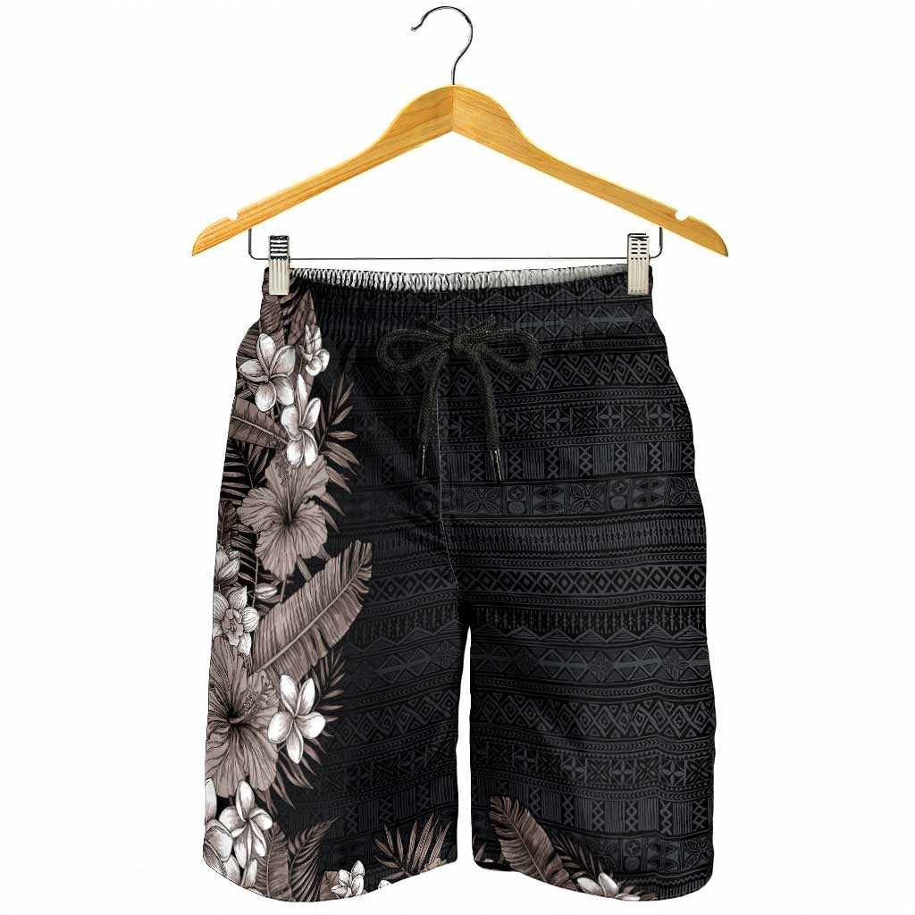 Hawaii Tropical Flowers and Leaves Shorts for Men Tapa Pattern Grayscale Mode