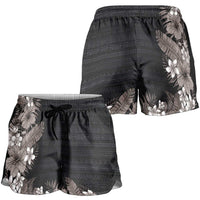 Hawaii Tropical Flowers and Leaves Shorts for Women Tapa Pattern Grayscale Mode
