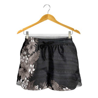 Hawaii Tropical Flowers and Leaves Shorts for Women Tapa Pattern Grayscale Mode