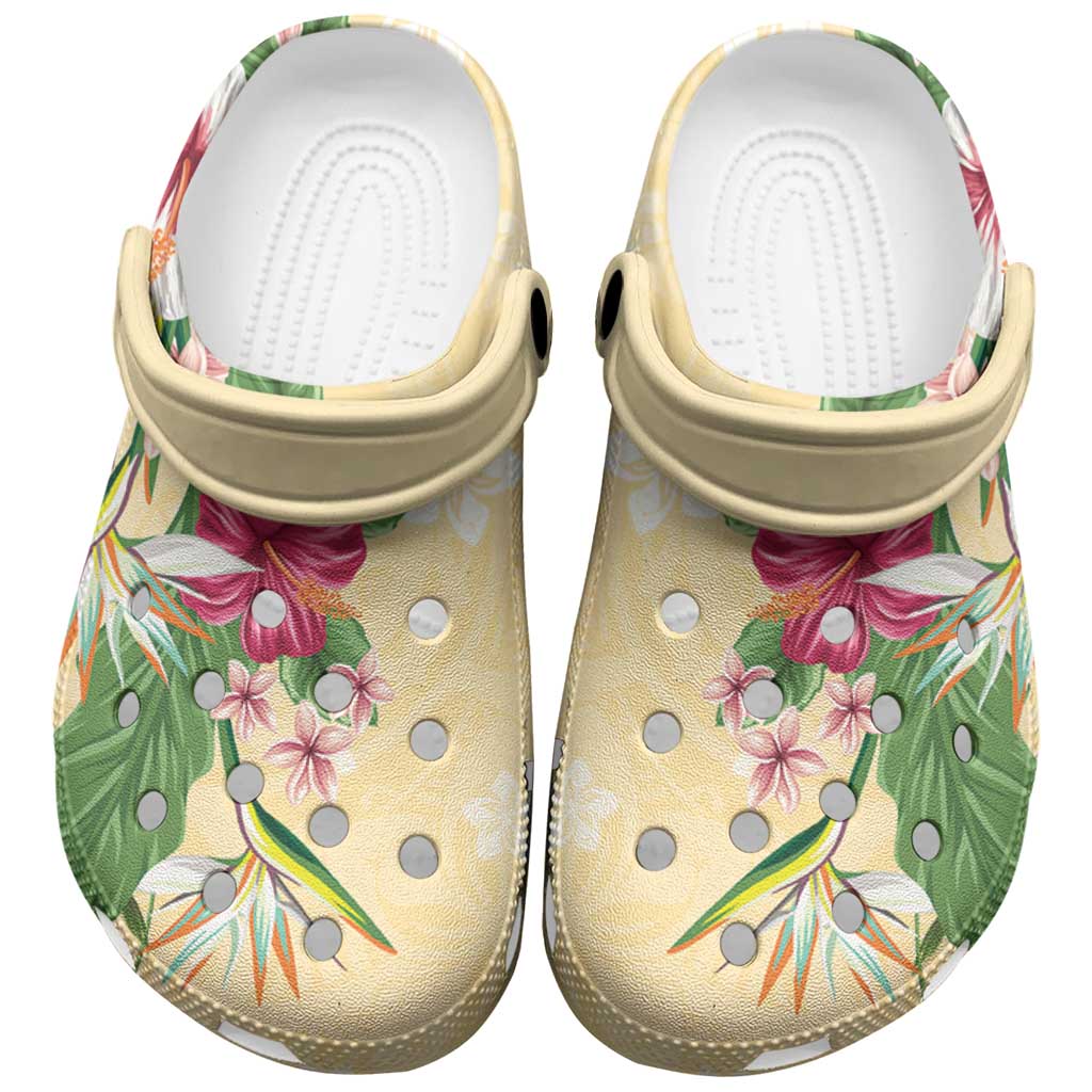 Hawaii Tropical Flowers Clogs Shoes Polynesian Tattoo Buttermilk LT05 Beige - Polynesian Pride