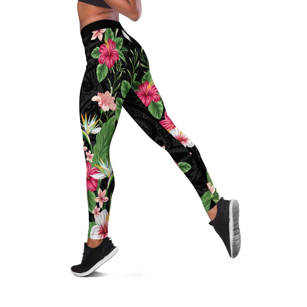 Hawaii Tropical Flowers Leggings Polynesian Tattoo Black