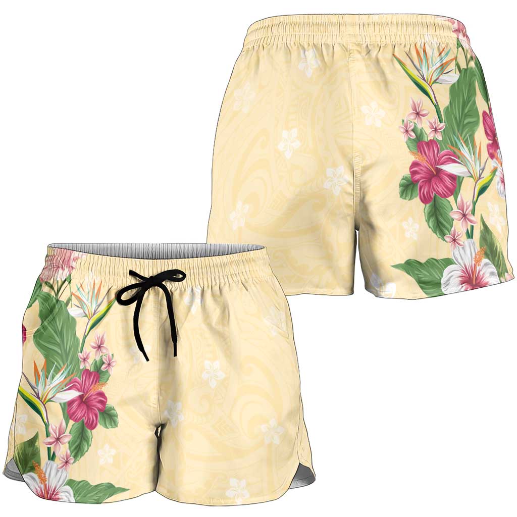 Hawaii Tropical Flowers Shorts for Women Polynesian Tattoo Buttermilk LT05 - Polynesian Pride