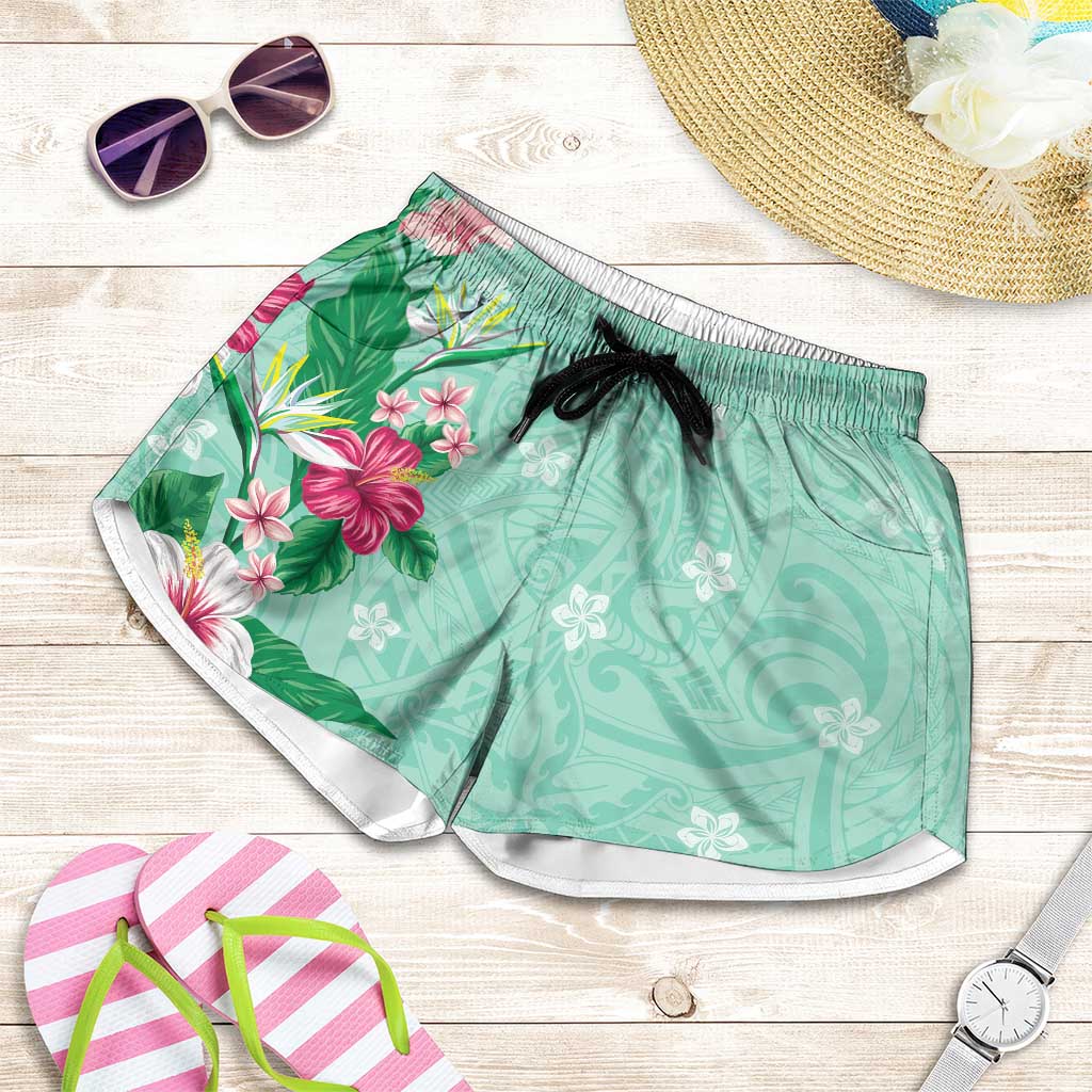 Hawaii Tropical Flowers Shorts for Women Polynesian Tattoo Mint Green LT05 Green - Polynesian Pride
