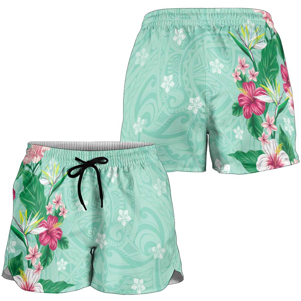 Hawaii Tropical Flowers Shorts for Women Polynesian Tattoo Mint Green LT05 - Polynesian Pride